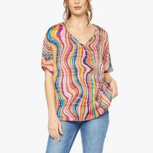 Entro Multicolored Blouse Wavy Multi-Color V-Neck Short Sleeve Top Large